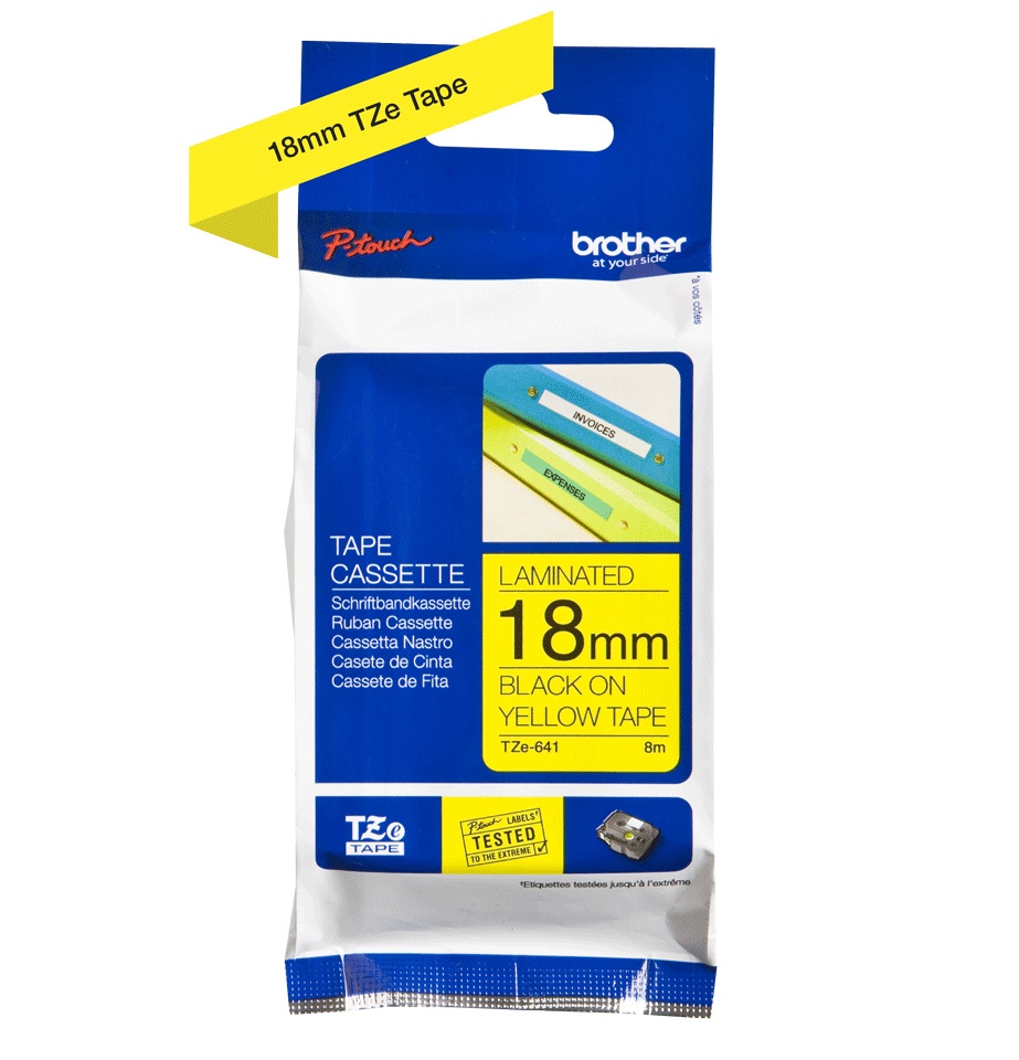 Cinta Brother TZe641 Negro sobre Amarillo 18mm x 8m