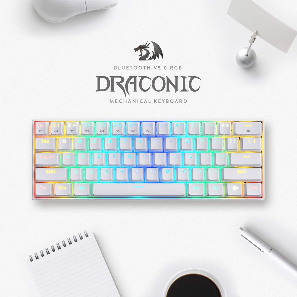 Teclado Mecánico Draconic White Red Dragon RGB Bluetooth Ingles Alámbrico/Inalámbrico Blanco