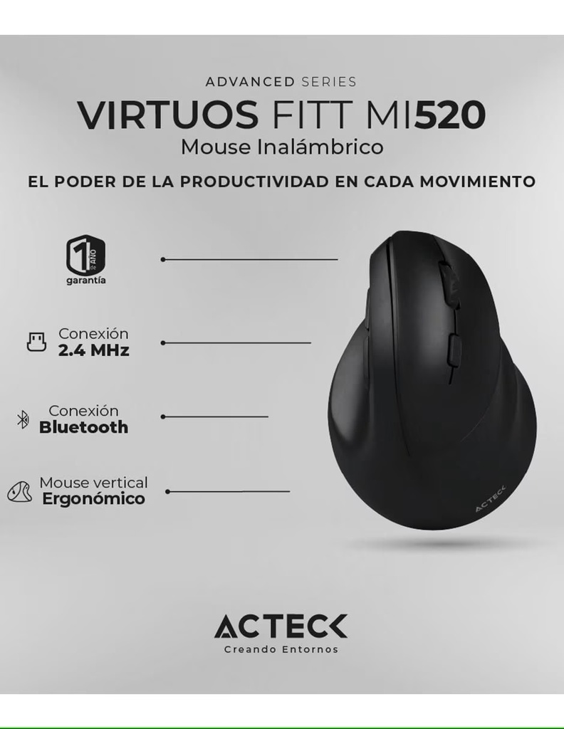 Mouse Vertical Ergonómico Acteck Óptico Virtuos Fitt MI520 Inalámbrico USB 2400DPI Negro