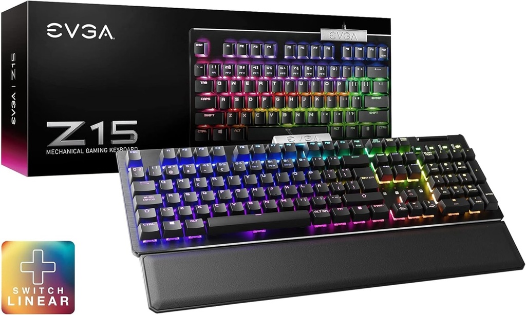 Teclado Mecanico Gamer EVGA Z15 RGB Multi Switch Kailh Speed Bronze Alambrico Reposa Muñecas Magnetico Español