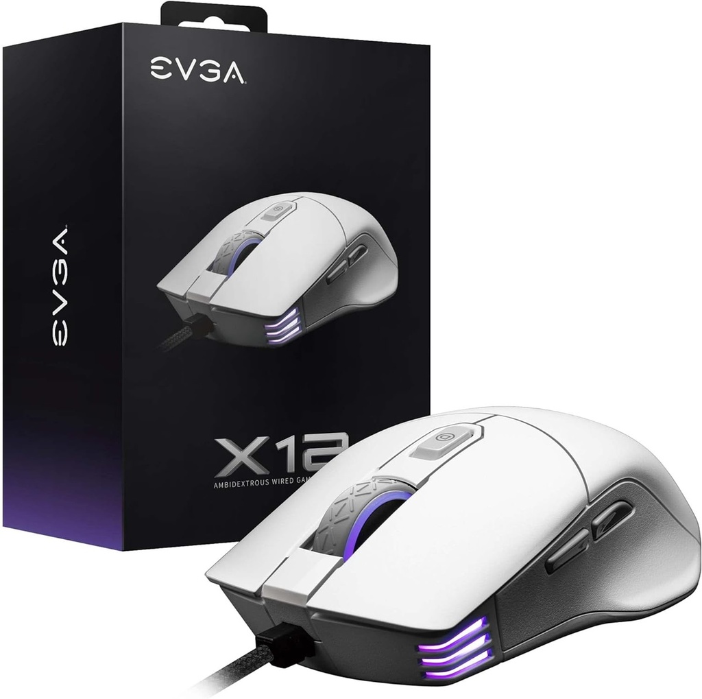 Mouse gamer evga x12 optico rgb 16000 dpi 8 botones alambrico cable usb ambidiestro blanco 905-w1-12wh-kr