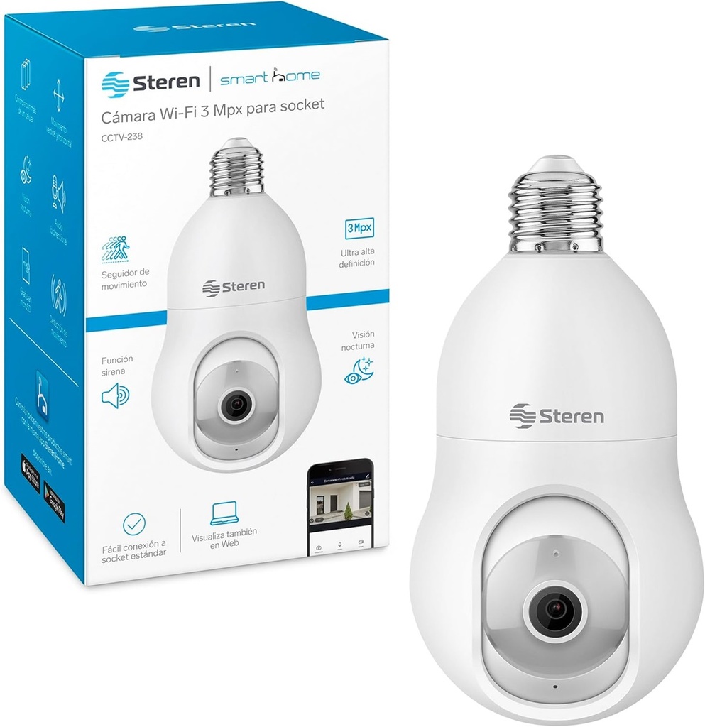 Cámara Smart WiFi Bombilla para Interiores Steren CCTV-238 Inalámbrico 2304x1296 Pixeles Día/Noche