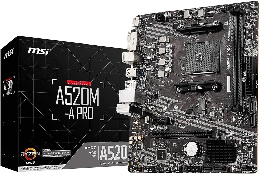 Tarjeta Madre MSI A520M-A Pro 2xDDR4 64GB 4600Mhz PCIe 3.0 M.2 1xHDMI 1xDVI-D S AM4 Ryzen 5th Gen mATX