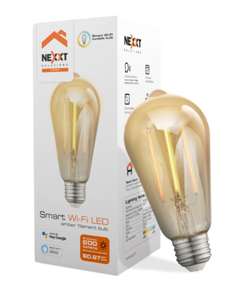 Foco Led Inteligente Retro Nexxt Solutions NHB-A510 WiFi Luz Ámbar Base E26/E27 8W 800 Lúmenes Transparente Equivale a un Foco Tradicional de 60W