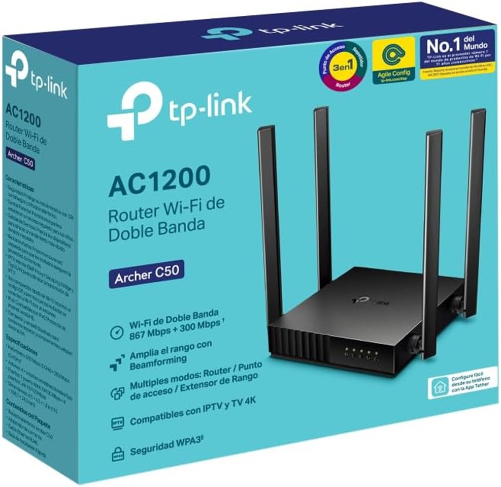 Router TP-Link Fast Ethernet De Banda Dual ARCHER C50 V6 Inalámbrico 867Mbit/s 5x RJ-45 2.4/5GHz Con 4 Antenas Externas de 5dBi