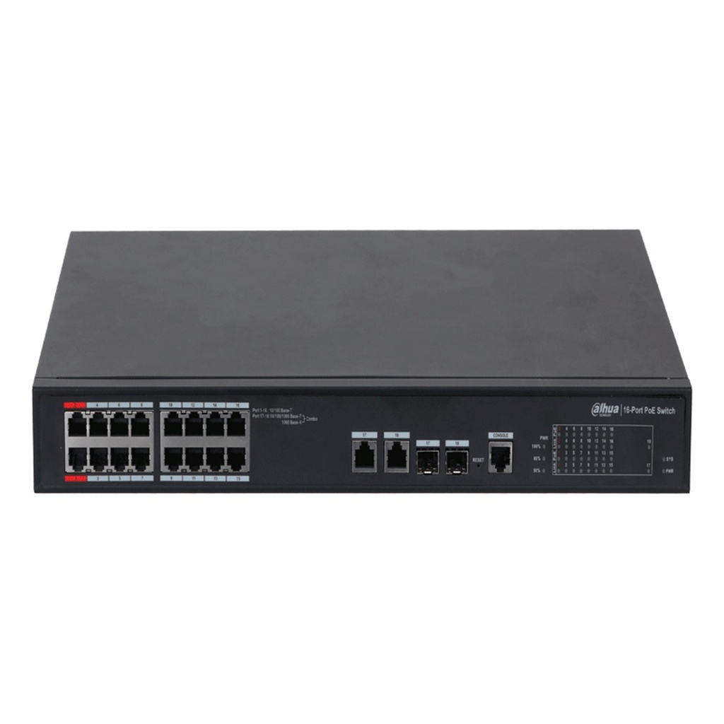 Switch Dahua Gigabit Ethernet DH-PFS4218-16ET-240 16 Puertos PoE 10/100Mbps + 2 Puertos SFP + 2 Puertos Uplink 8.8Gbit/s 4000 Entradas Administrable 