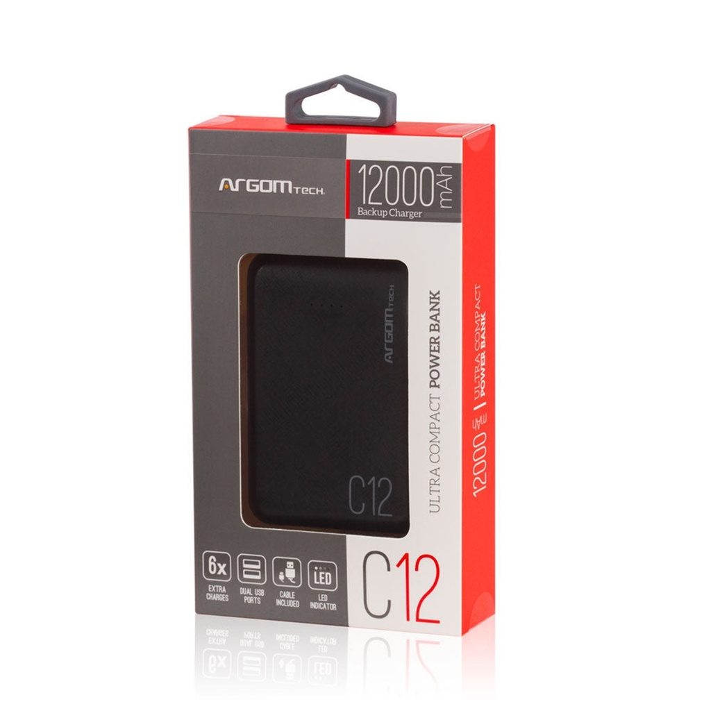 Power Bank Argomtech C12 Ultracompacto 12000mAh 2 Puertos 2.1A/2A