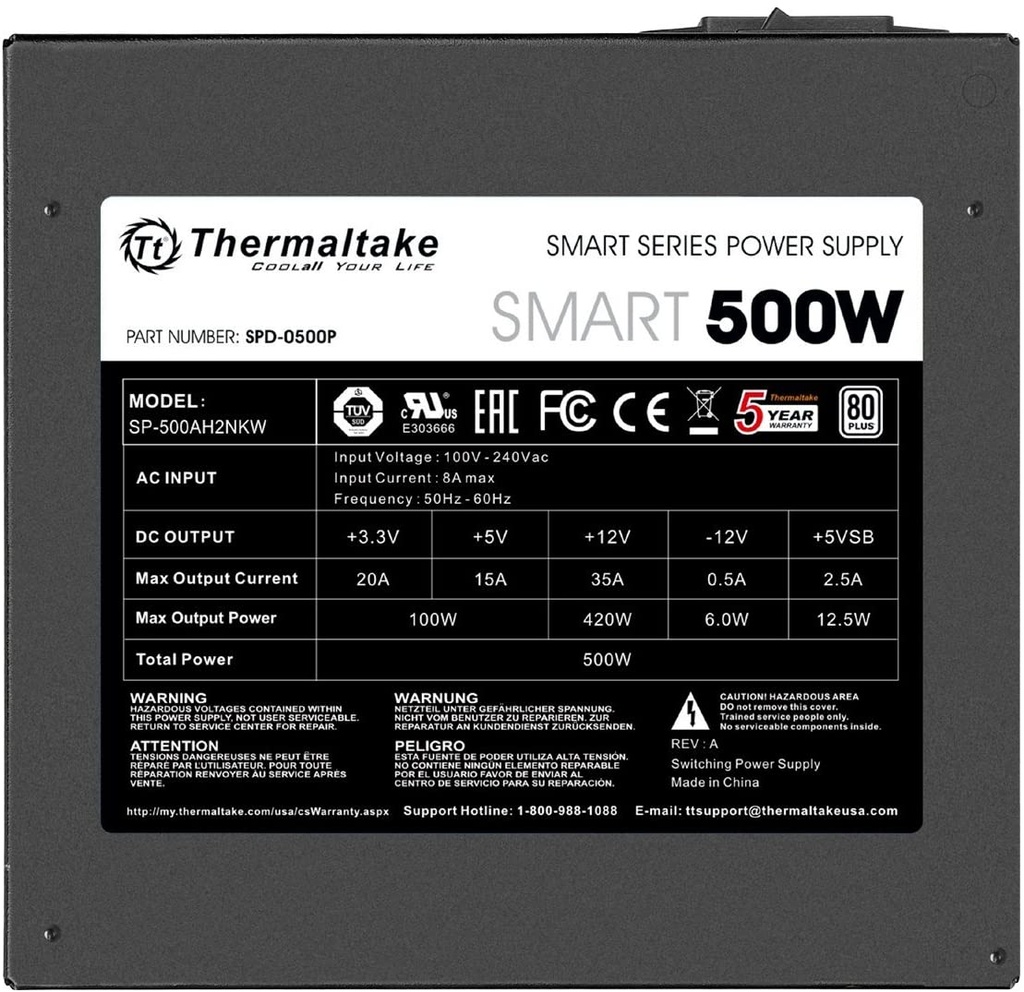 Fuente de Poder Thermaltake SMART 80 Plus 500W ATX 120mm