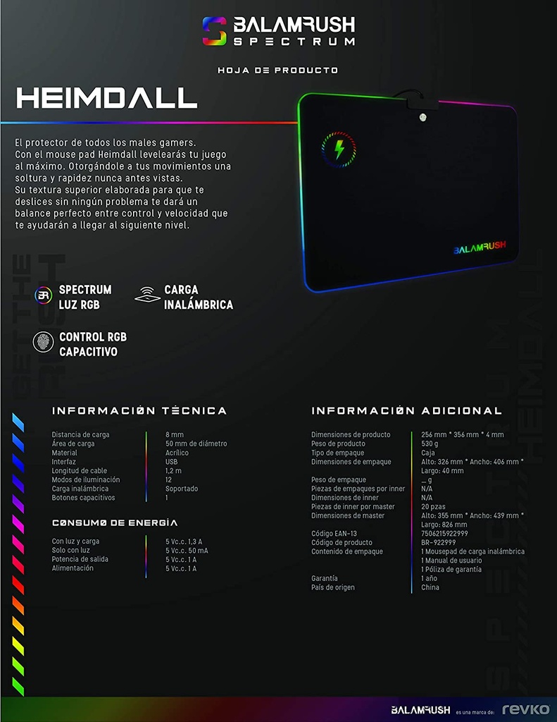 Mousepad Gamer Balam Rush Heimdall RGB 25.6 x 35.6cm Grosor 4mm Spectrum Programable