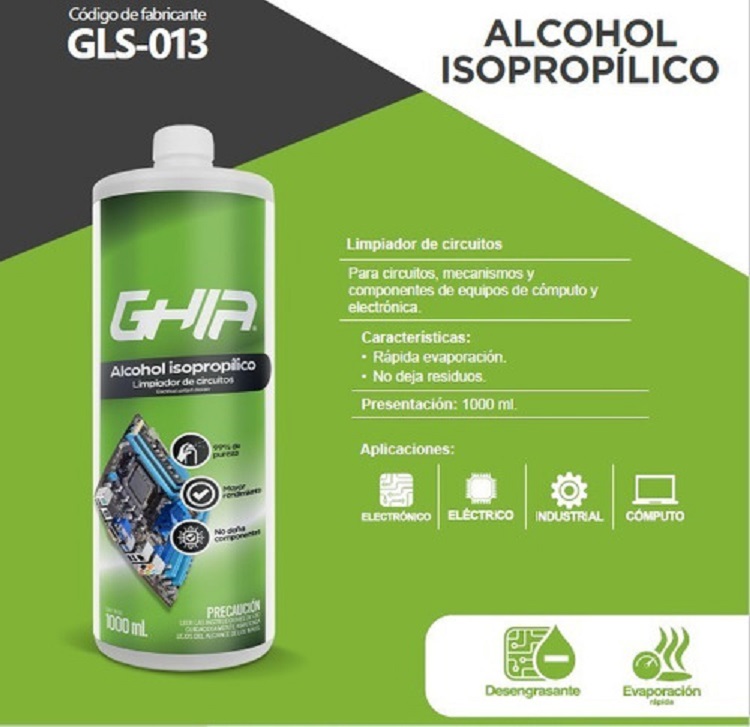 Alcohol Isopropílico Ghia para Limpieza de PC´s y Electrónica 1 Litro