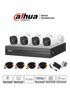 Kit de vigilancia dahua, dvr 4 canales xvr1b04, 4 camaras b1a21n 1080p/2mp, fuente de poder 12v 1.5a, 1 cable divisor 1-4, 4 cab