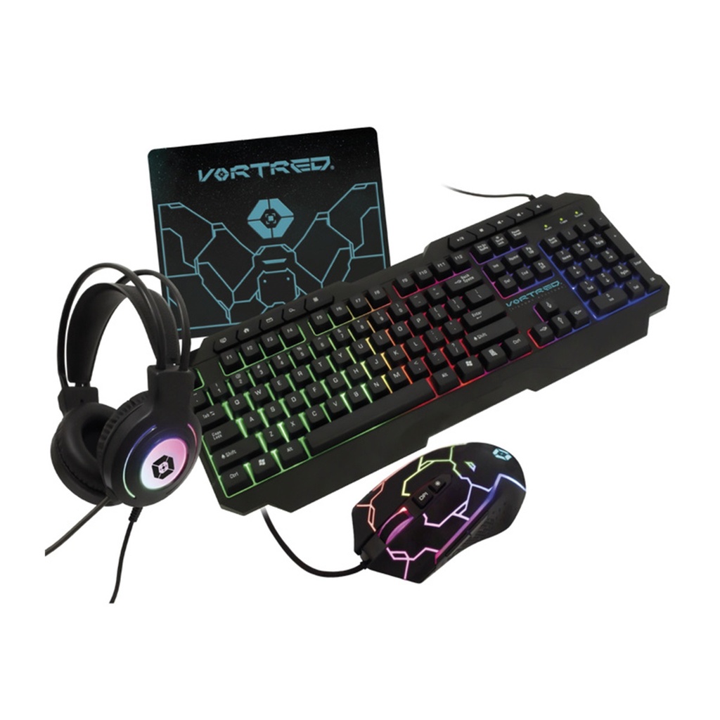 Kit Gamer de Teclado Mouse Audífonos y Mousepad Vortred Alámbrico USB