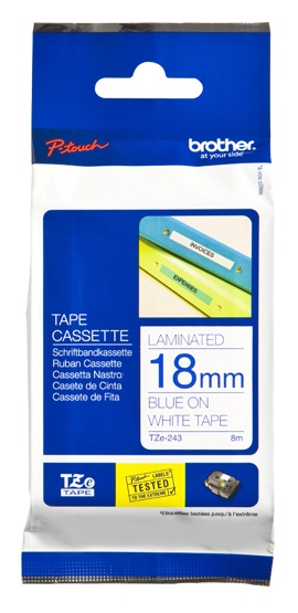 Cinta brother tz-243 azul/blanco 18mm pt300/310b/330/530