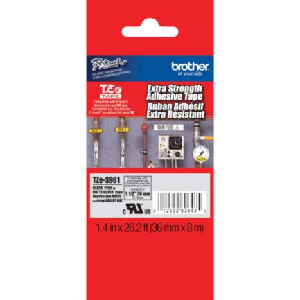 Cinta aluminio brother tzes951 extra resistente texto negro sobre fondo plateado mate 36mmx8m