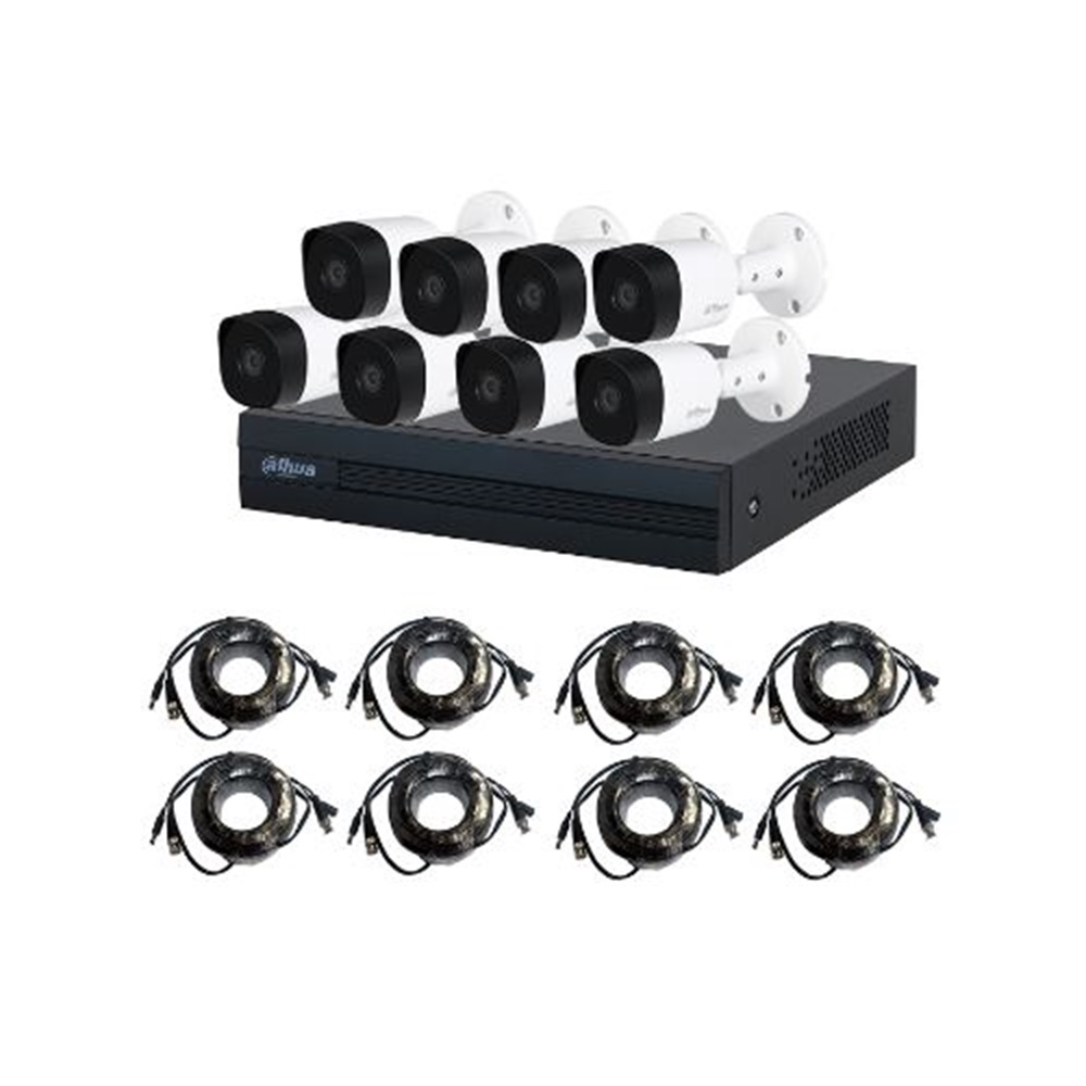 Kit De Vigilancia Dahua Dvr 8 Canales + 2 Canales Ip Con Ia 2mp H.265+ 8 Camaras B2a21 1080p Metalicas Accesorios Incluidos