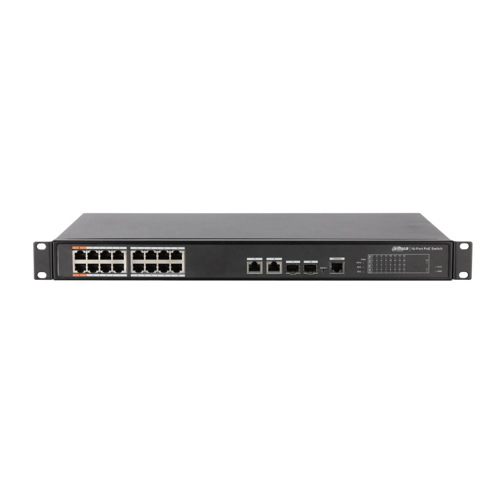 Dahua dh-pfs4218-16et-240  - switch  poe administrable de 16 puertos ethernet/ 16 puertos poe/ 240 watts totales/ interfaz web/ puerto 1 y 2 soportan 90 watts/ 2 puertos sfp/ 2 puertos uplink/ poe watchdog/ switching 8.8 gbps/