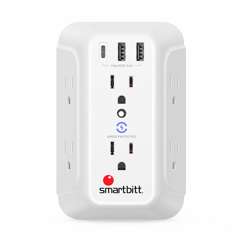 Supresor de Picos de Pared Smartbitt SBSS-BW6-3U 6 Contactos 3x USB 1480J 120V