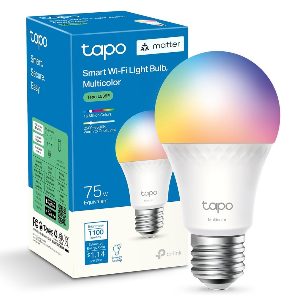 Foco Regulable Inteligente TPL-Link Tapo L535E WiFi Luz Fría/Cálida Base E27 8.6W 1055 Lúmenes Ahorro de 89% vs Foco Tradicional 75W