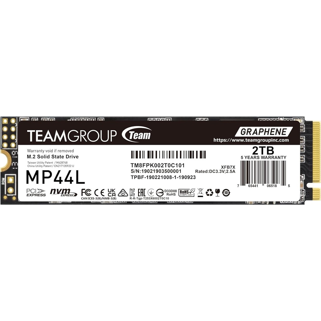 Unidad De Estado Solido SSD Team Group MP44L NVMe 2TB M.2 4400 MB/s Escritura 4800 MB/s Lectura PCI Express 4.0 