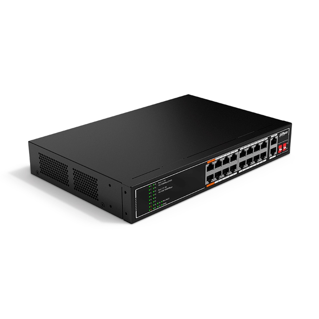 Switch Dahua Fast Ethernet SF1018LP 18 Puertos 16 Puertos PoE 10/100Mbps + 2 Puertos Uplink 7.2 Gbit/s 