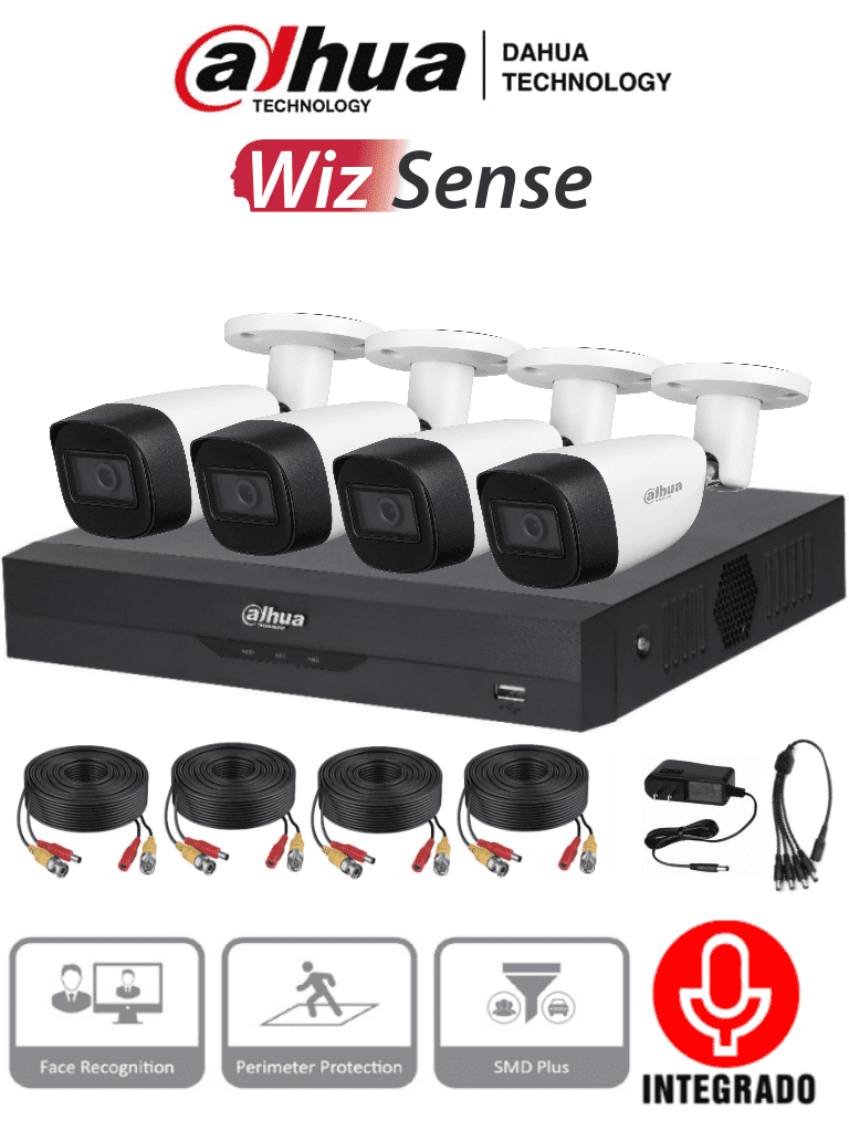 Dahua kitxvr5104hs-4kl-i3+4-hfw1500cm-a - kit de 4 canales 5 megapixeles con audio/ wizsense/ h.265+/ 4 camaras metalicas/ 4 can