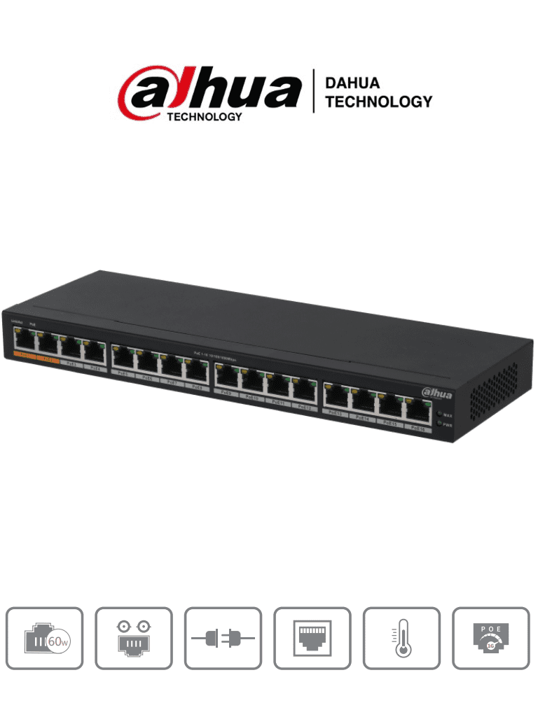 Dahua dh-pfs3016-16gt-190 - switch poe gigabit de 16 puertos poe gigabit/ 190 watts totales/ los 2 puertos naranjas soportan hi-