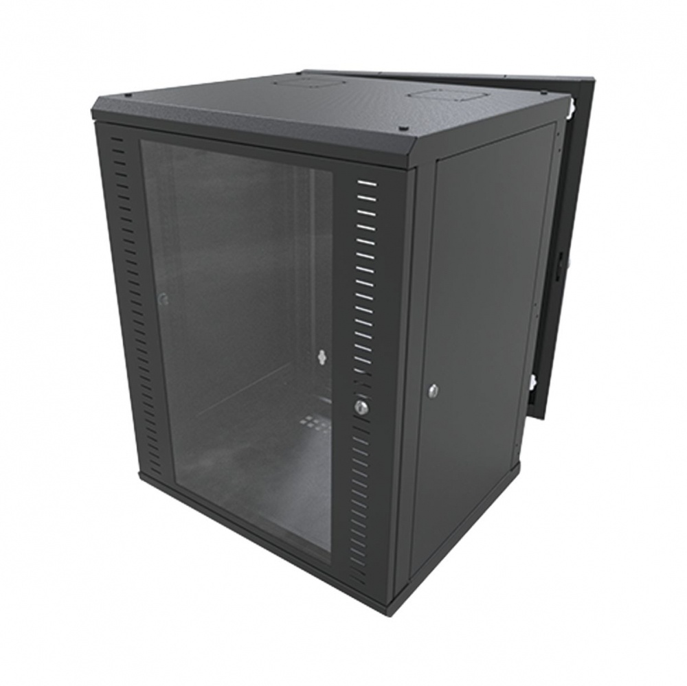 Gabinete abatible de pared (con marco trasero) con rack 19" de 16 unidades. ventana de cristal templado.