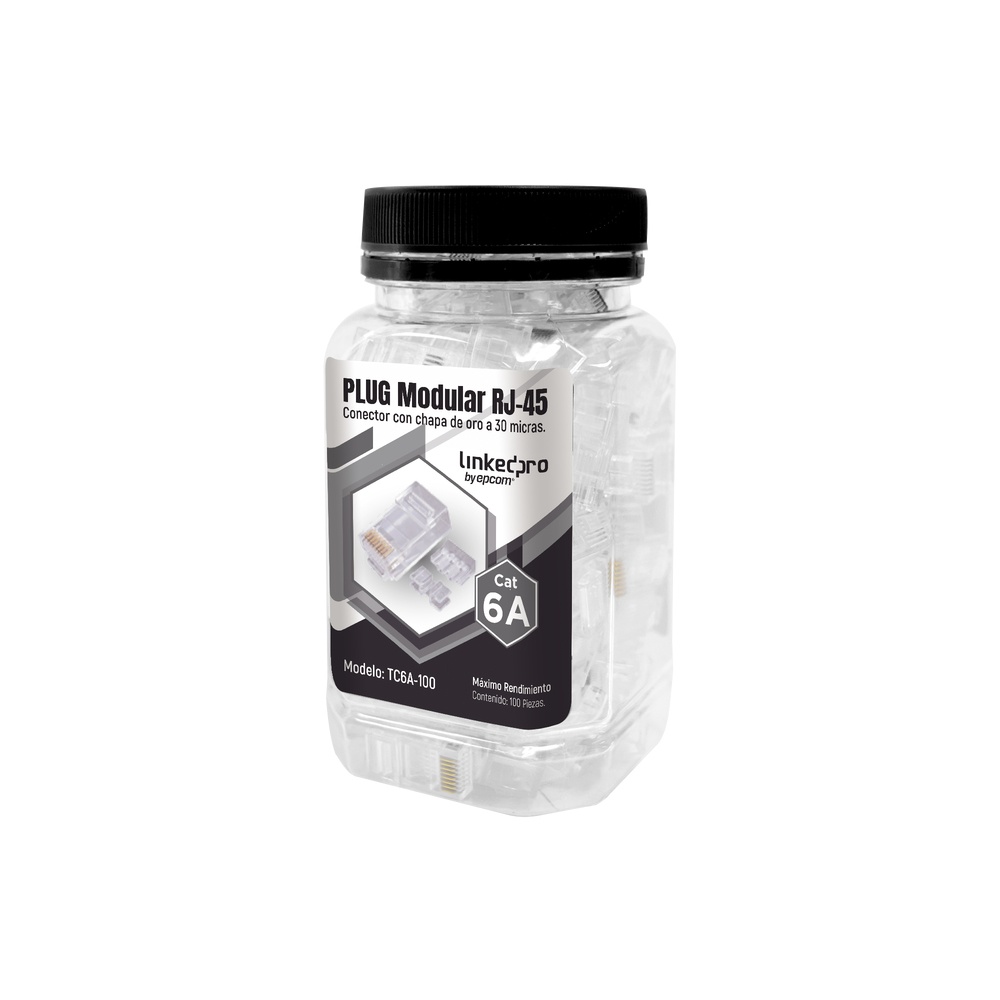 Bote con 100 piezas de plug modular rj45 cat6a chapado de oro a 30 micras para durabilidad extrema