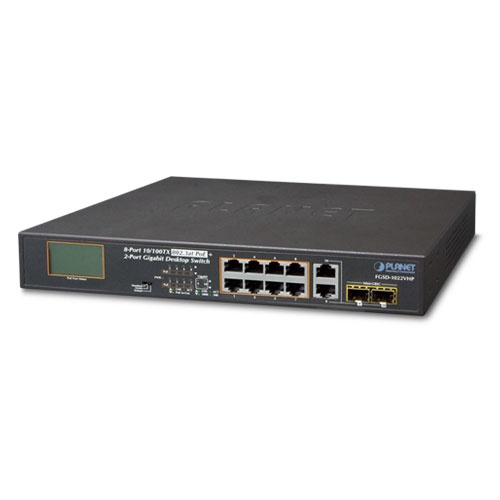 Switch poe+ / distancia 250 metros / 8 puertos + 2 combo tp/sfp gigabit y pantalla lcd para monitoreo