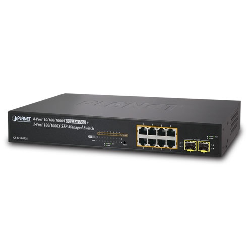 Switch administrable capa 2 de 8 puertos poe 802.3af/at gigabit 140 w max, 2 puertos sfp, modo extendido hasta 250 m.