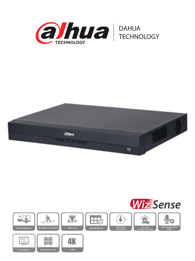 Dahua xvr5216a-4kl-i3 - dvr de 16 canales 4k/ wizsense/ h.265+/ 16 canales hdcvi+16 ip/ hasta 32 ch ip/ 2 ch de reconocimiento f