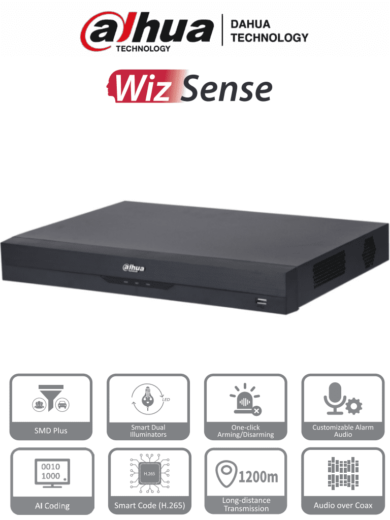 DVR DAHUA XVR4232AN-I 32 Canales De 1080p Lite WizSense H.265+ Codificación IA 2 Bahías De Discos Duros Hasta 16 Canales