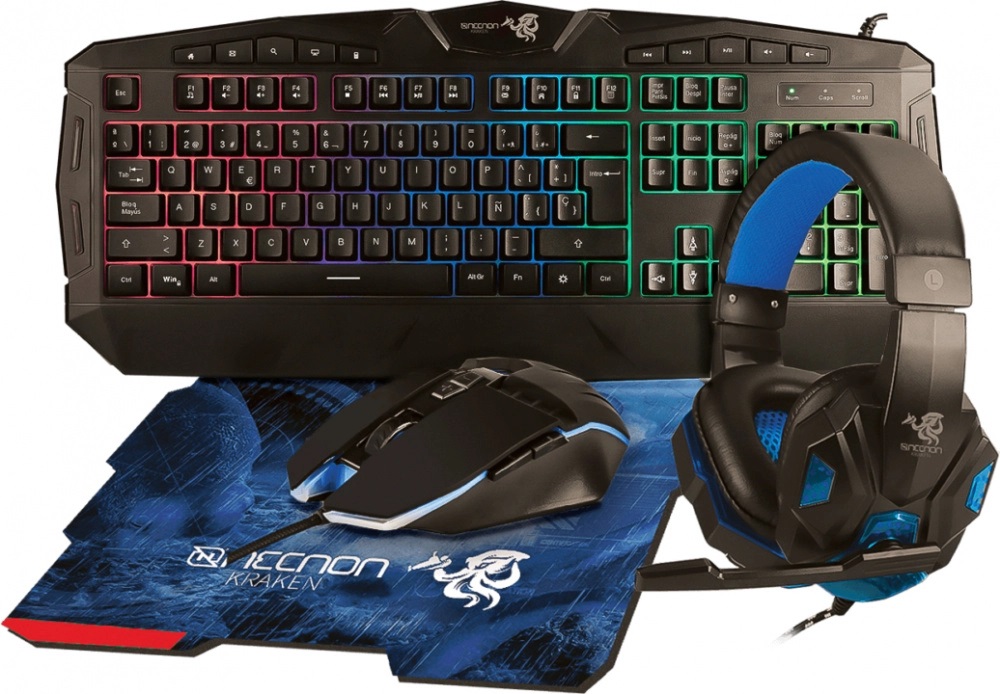 Kit Gamer De Teclado Mouse Mousepad Y Audífonos Necnon Kraken Alámbrico USB Español