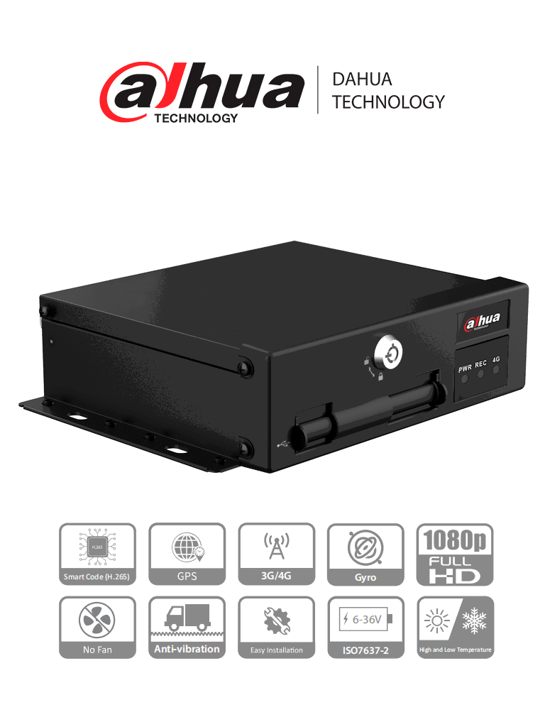 Dahua dhi-mxvr1004-gfi - dvr movil de 4 canales con inteligencia artificial 1080p/ 4g/ h.265/ soporta 2 tarjetas sd/ soporta dsm