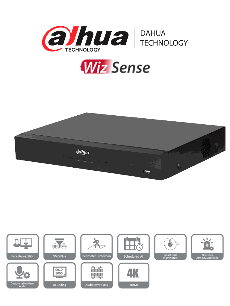 Dahua dh-xvr5104he-4kl-i3 - dvr de 4 canales  4k/ wizsense/ h.265+/ 4 canales ip adicionales/ hasta 8 canales ip/ 1 canal de rec