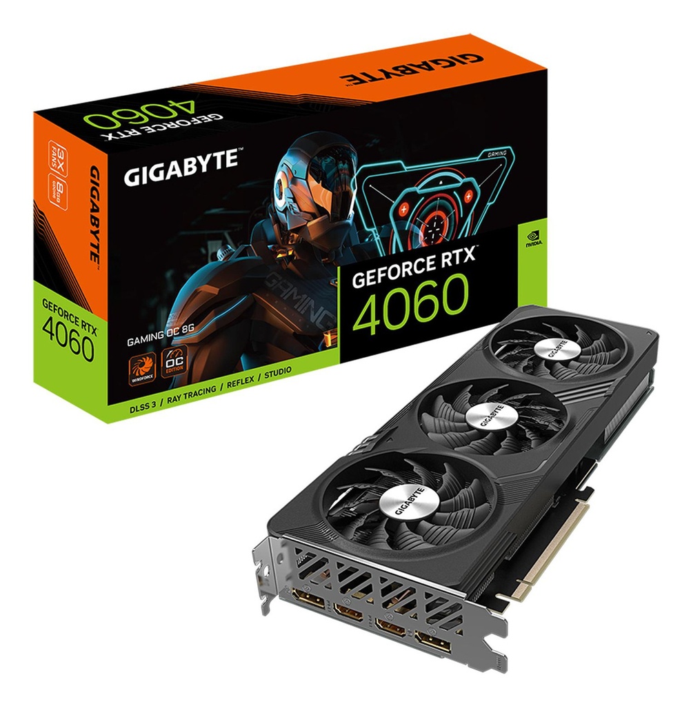 Tarjeta de video gigabyte gv-n4060gaming oc-8gdrtx 4060 8gd gddr6 pcie 4.0 2*hdmi 2*dp 3 fa